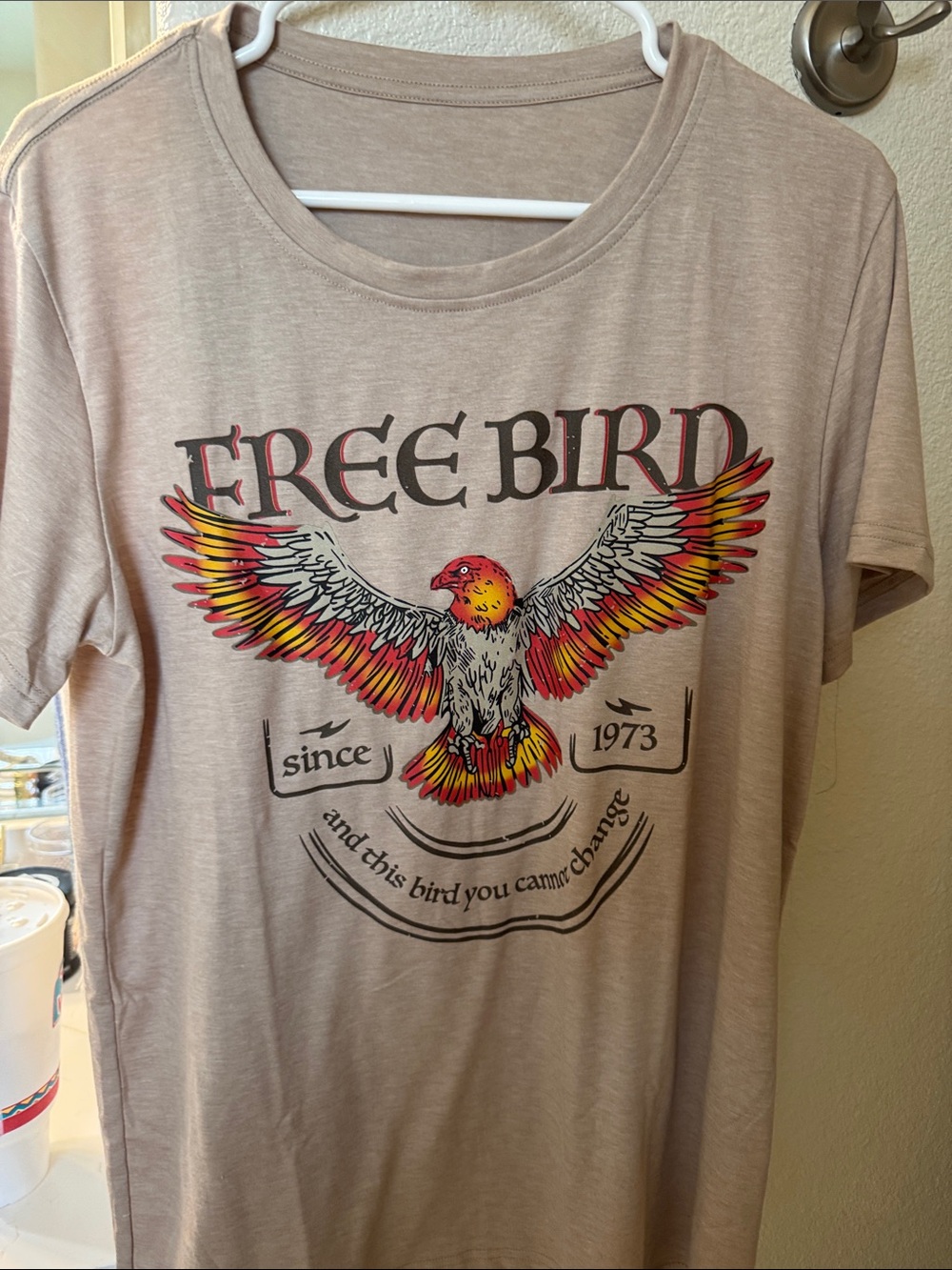 freebird Graphic Tee in Beige with Red & Yellow Accent